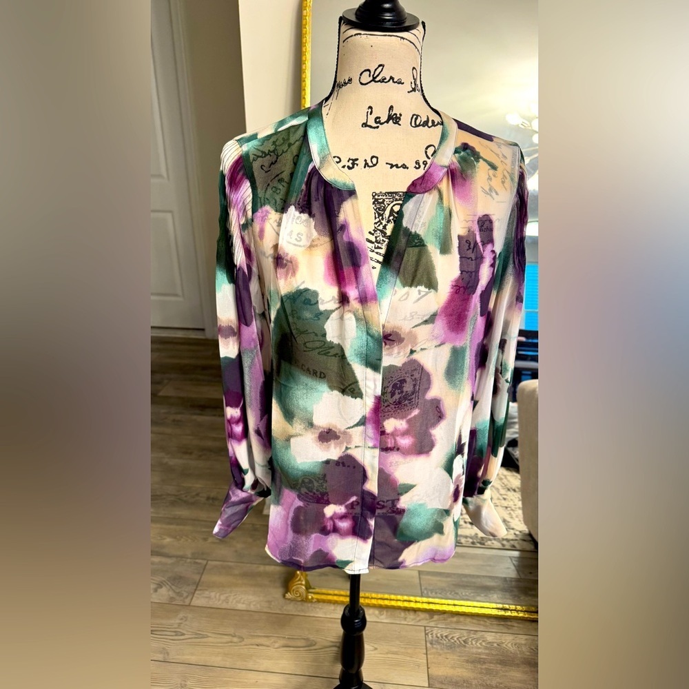 Floral Multicolor Women's Top Bloom Pintuck Sleeve Blouse